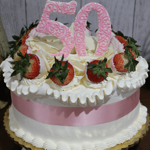 The BD-000E is a decorated cake featuring strawberries, white frosting, a pink ribbon, and large pink "50" toppers—perfect for celebrating a 50th anniversary or birthday.