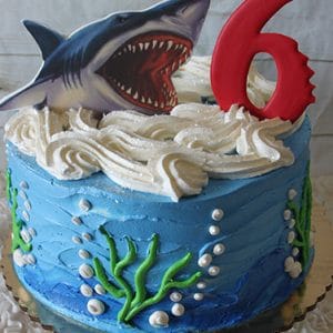 The CB-012O is a blue ocean-themed cake with white frosting waves, a large shark topper, red number 6 candle, and green seaweed plus white bubble designs on the sides.