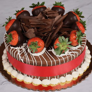 The BD-013B Chocolate Oreo cake features chocolate-dipped strawberries, chocolate shavings, a drizzle of white icing, a red ribbon around the sides, piped white frosting at the base, and is presented on a gold cake board.