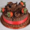 The BD-014B Chocolate/Chocolate cake features chocolate-dipped strawberries, chocolate shavings, and chocolate decorations, all finished with a red ribbon and presented on a gold cake board.