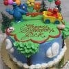 SC-062 Elmo and Friends: Colorful round birthday cake featuring Cookie Monster with balloons and Elmo in a yellow wagon on top, decorated with trees, flowers, and "Happy Birthday Jack" written in red icing.