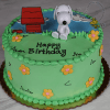 The SC-002 Snoopy is a round green birthday cake featuring yellow flowers, Snoopy, his red doghouse, Woodstock, and a blue sky on top, with "Happy Birthday" written in black icing.