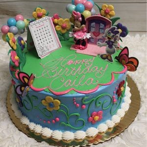 SC-036 Minnie Mouse: A colorful birthday cake featuring Minnie Mouse, Daisy Duck, balloons, flowers, and a coloring page. Pink and green icing spells "Happy Birthday Caila" on top. Presented on a gold board with a white floral background.