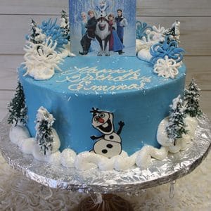 The CB-008A is a round blue birthday cake adorned with snowflakes, small trees, Frozen characters on top, an Olaf illustration on the side, and "Happy Birthday Emma" written in white icing.